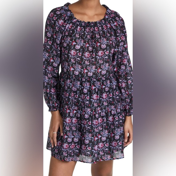 XIRENA Lea Shirred Off the Shoulder Tiered Silk Blend Dress Black Beauty Floral - Picture 15 of 16